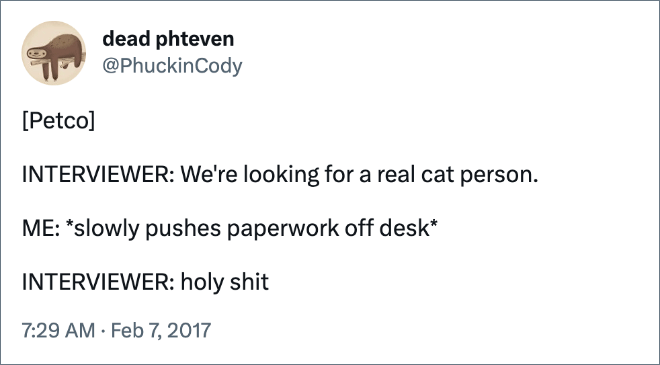 [Petco] INTERVIEWER: We're looking for a real cat person. ME: *slowly pushes paperwork off desk* INTERVIEWER: holy shit