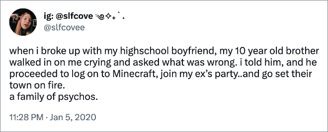 when i broke up with my highschool boyfriend, my 10 year old brother walked in on me crying and asked what was wrong. i told him, and he proceeded to log on to Minecraft, join my ex’s party..and go set their town on fire. a family of psychos.