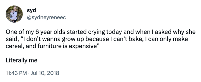 One of my 6 year olds started crying today and when I asked why she said, “I don’t wanna grow up because I can’t bake, I can only make cereal, and furniture is expensive” Literally me