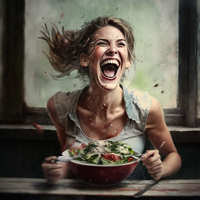 Ai-generated image of a woman laughing alone with salad.