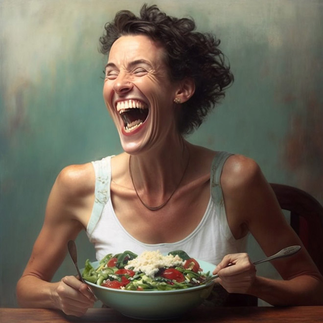 Ai-generated image of a woman laughing alone with salad.
