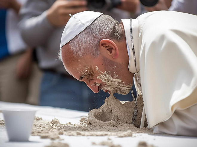 AI-generated image of a celebrity concrete eating contest.