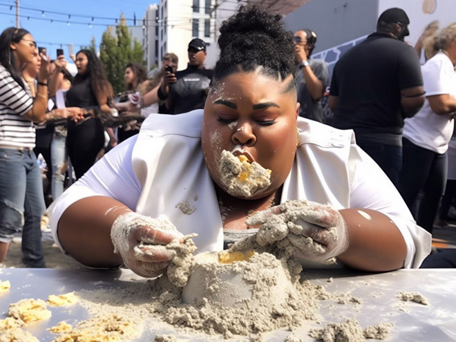 AI-generated image of a celebrity concrete eating contest.