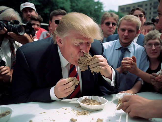 AI-generated image of a celebrity concrete eating contest.