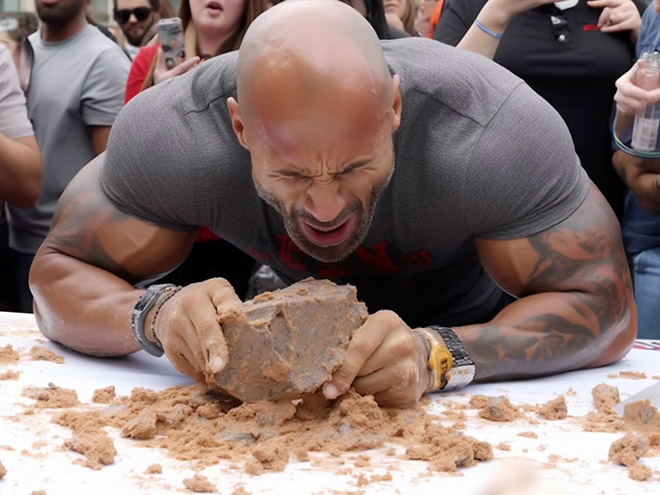 AI-generated image of a celebrity concrete eating contest.