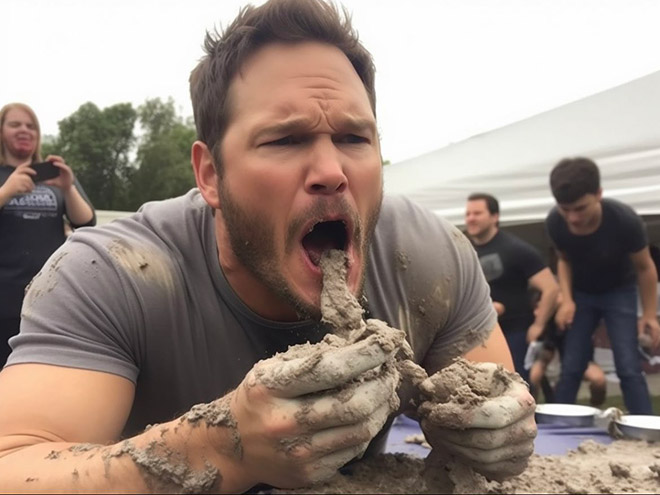 AI-generated image of a celebrity concrete eating contest.