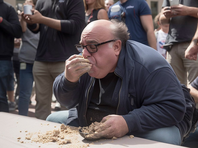 AI-generated image of a celebrity concrete eating contest.