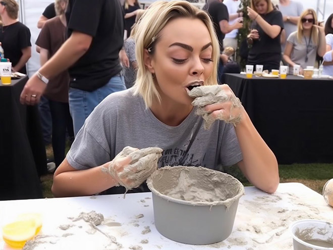 AI-generated image of a celebrity concrete eating contest.