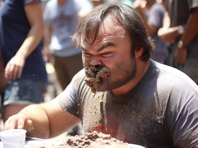 AI-generated image of a celebrity concrete eating contest.