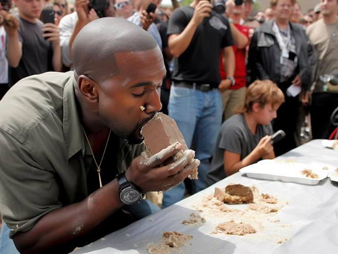 AI-generated image of a celebrity concrete eating contest.