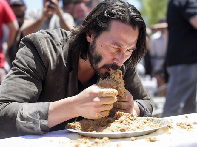 AI-generated image of a celebrity concrete eating contest.