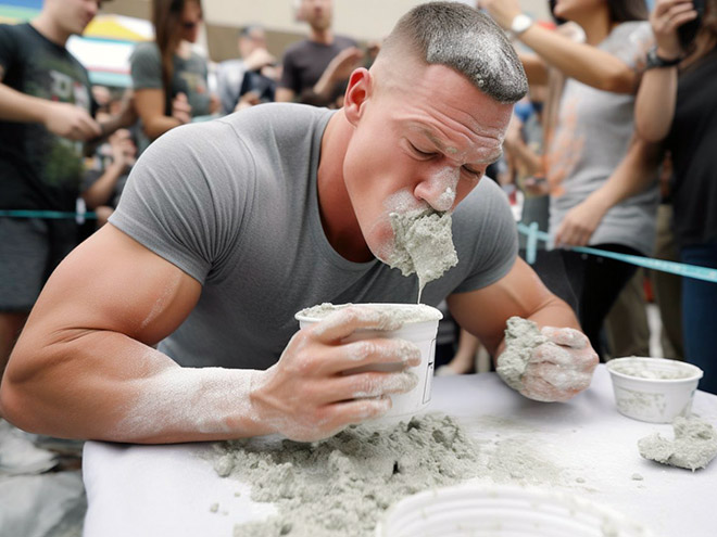 AI-generated image of a celebrity concrete eating contest.