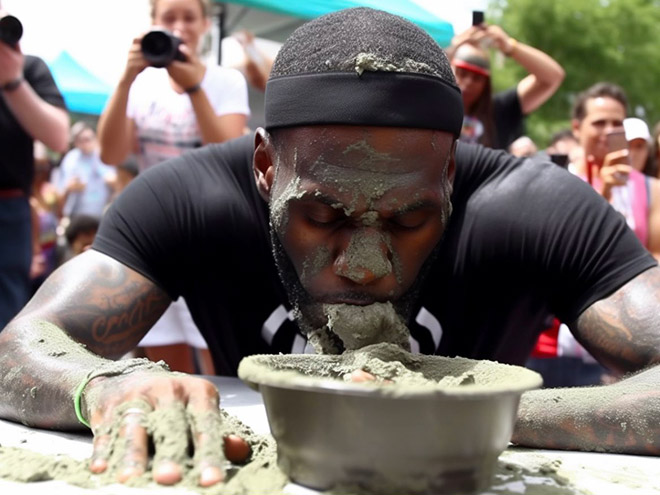 AI-generated image of a celebrity concrete eating contest.