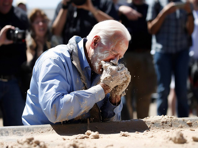 AI-generated image of a celebrity concrete eating contest.