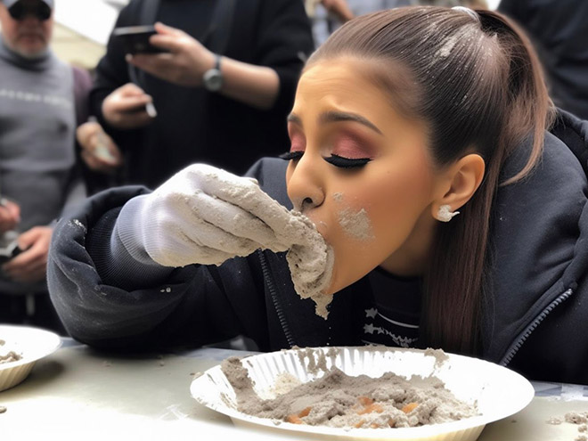 AI-generated image of a celebrity concrete eating contest.