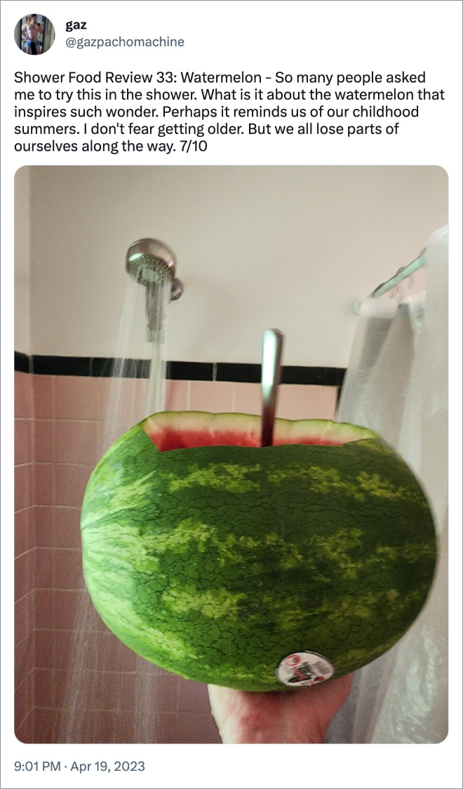 Shower Food Review 33: Watermelon - So many people asked me to try this in the shower. What is it about the watermelon that inspires such wonder. Perhaps it reminds us of our childhood summers. I don't fear getting older. But we all lose parts of ourselves along the way. 7/10