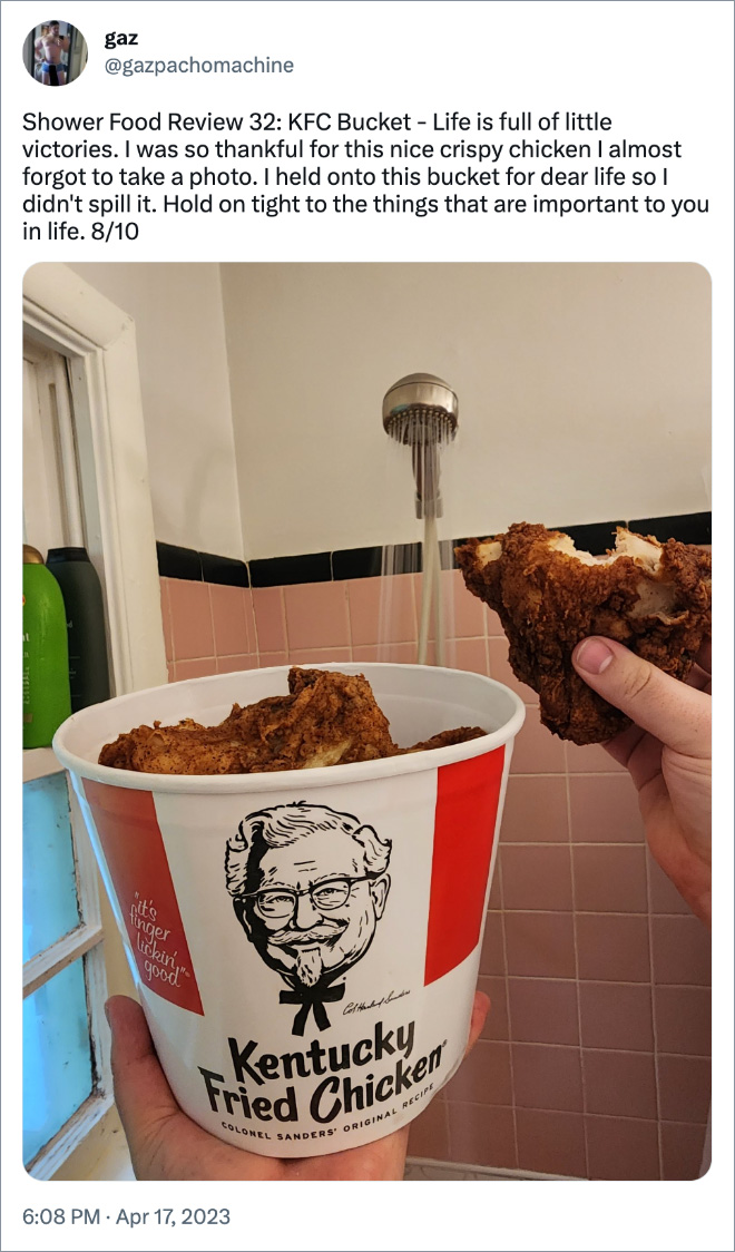 Shower Food Review 32: KFC Bucket - Life is full of little victories. I was so thankful for this nice crispy chicken I almost forgot to take a photo. I held onto this bucket for dear life so I didn't spill it. Hold on tight to the things that are important to you in life. 8/10