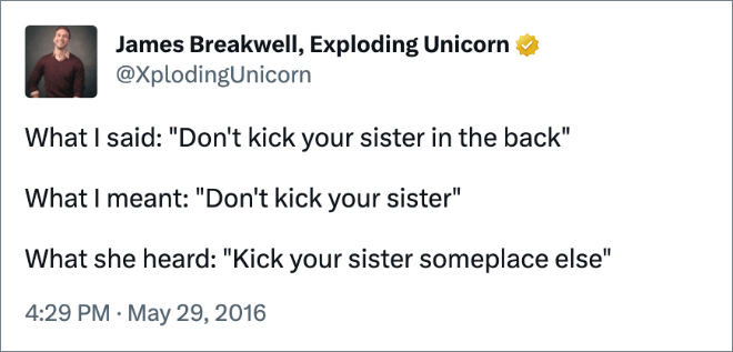 What I said: "Don't kick your sister in the back" What I meant: "Don't kick your sister" What she heard: "Kick your sister someplace else"