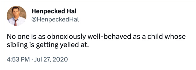 No one is as obnoxiously well-behaved as a child whose sibling is getting yelled at.