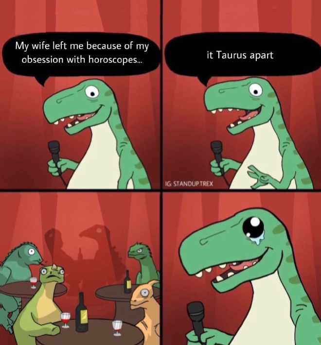 Standup T-Rex delivers a terrible joke.