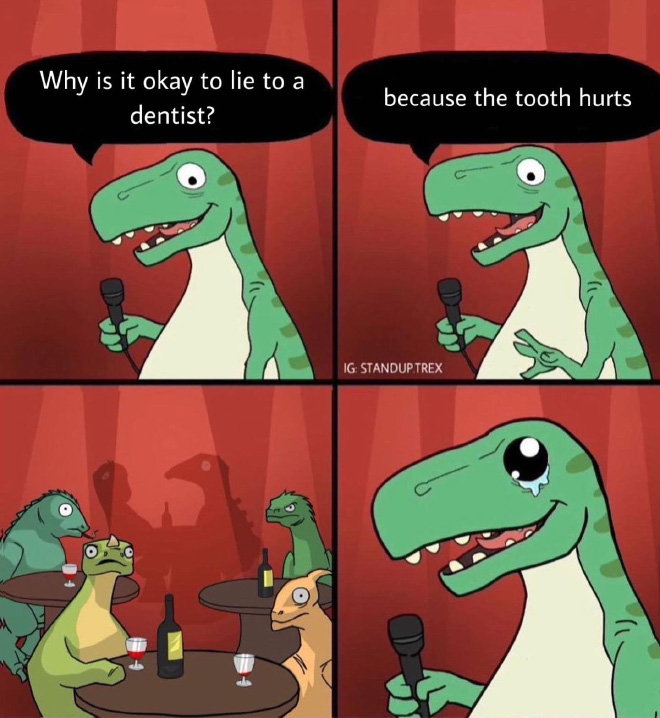 Standup T-Rex delivers a terrible joke.