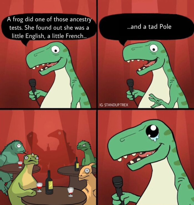 Standup T-Rex delivers a terrible joke.