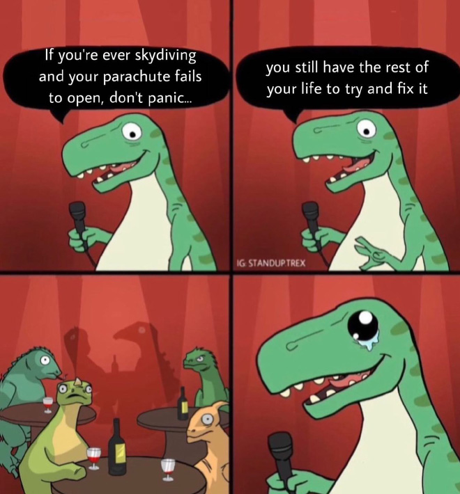 Standup T-Rex delivers a terrible joke.