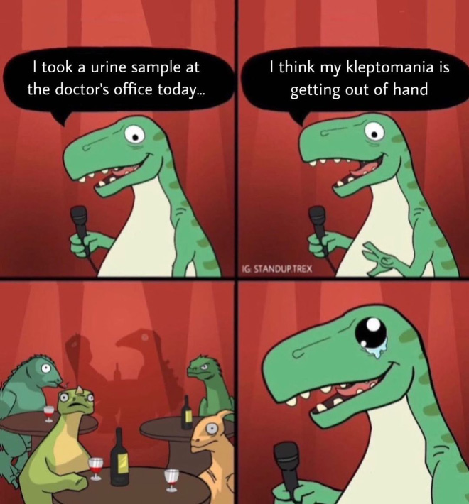 Standup T-Rex delivers a terrible joke.