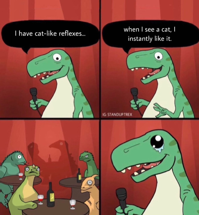 Standup T-Rex delivers a terrible joke.