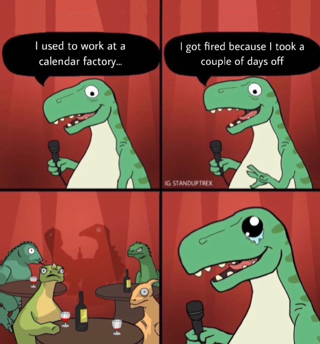 Standup T-Rex delivers a terrible joke.