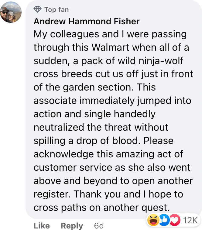 My colleagues and I were passing through this Walmart when all of a sudden, a pack of wild ninja-wolf cross breeds cut us off just in front of the garden section. This associate immediately jumped into action and single handedly neutralized the threat without spilling a drop of blood. Please acknowledge this amazing act of customer service as she also went above and beyond to open another register. Thank you and I hope to cross paths on another quest.