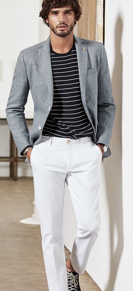 Blue suit, white pants and stripped black and white t-shirt_