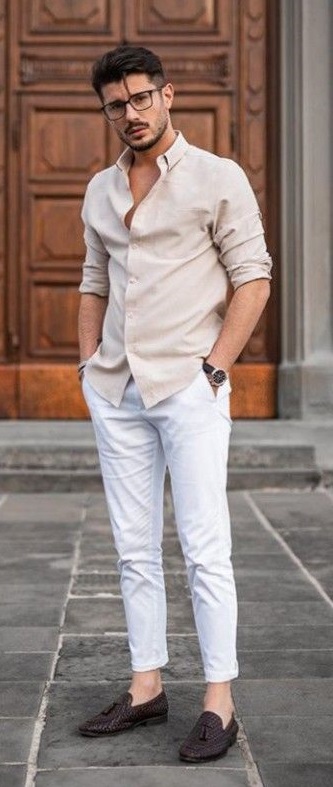 Cream shirt with white chinos and a watch_