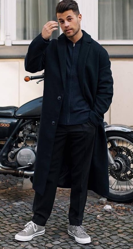 Dark blue long overcoat zipper tshirt and black chinos_