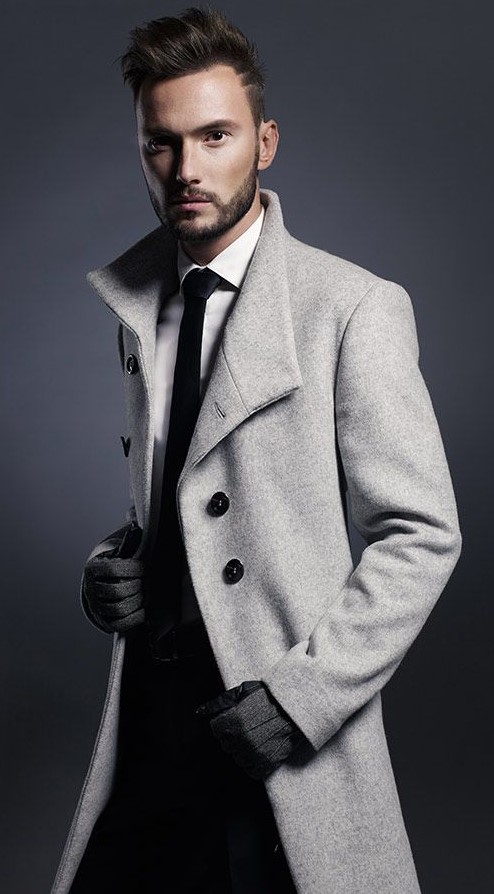 Grey overcoat with white undershirt and black tie Grey overcoat with white undershirt and black tie