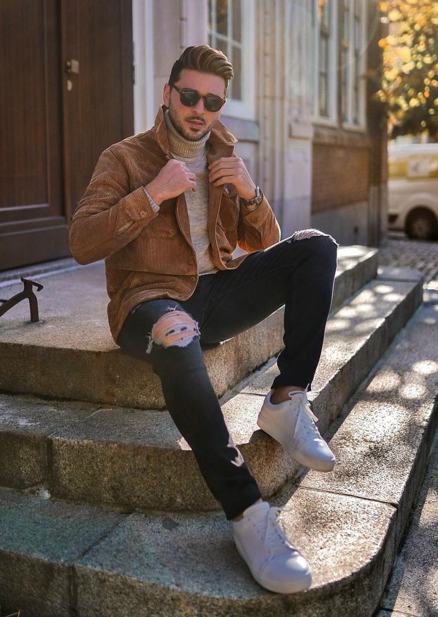 shredded denim with jacket and shoes