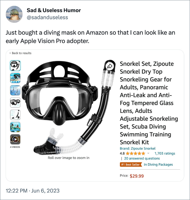 Just bought a diving mask on Amazon so that I can look like an early Apple Vision Pro adopter.