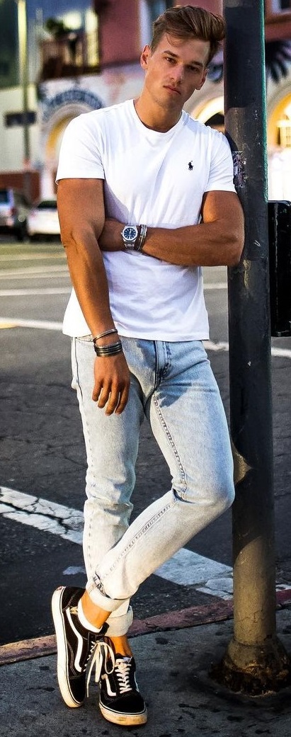 smart casual with white tshirt and blue denims accessorized with watch and bracelets smart casual with white tshirt and blue denims accessorized with watch and bracelets