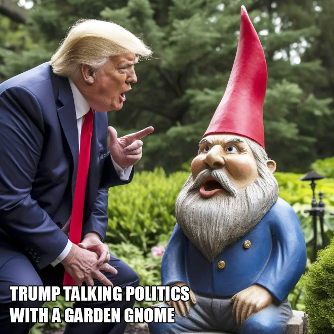 Trump talking politics with a garden gnome.