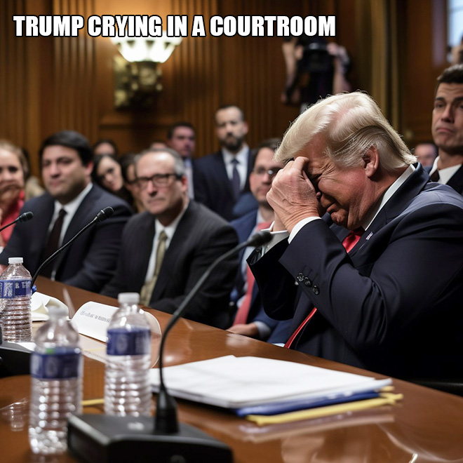 Trump crying in a courtroom.