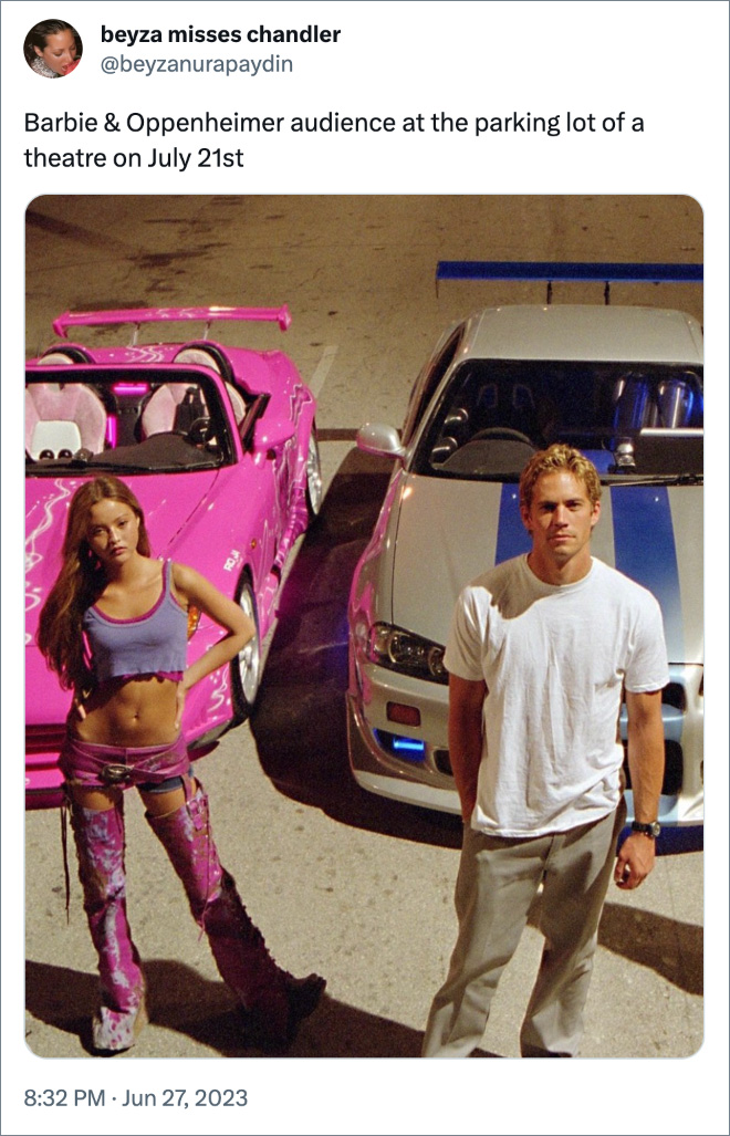 Barbie & Oppenheimer audience at the parking lot of a theatre on July 21st