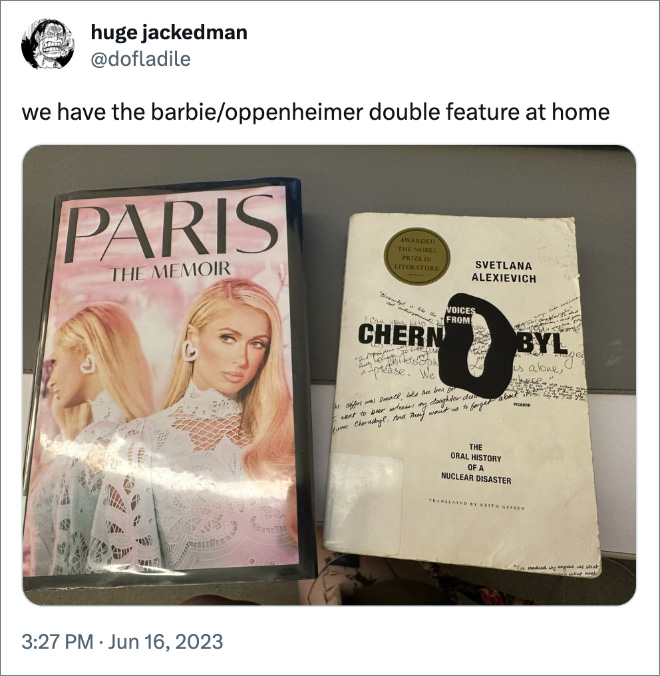 we have the barbie/oppenheimer double feature at home