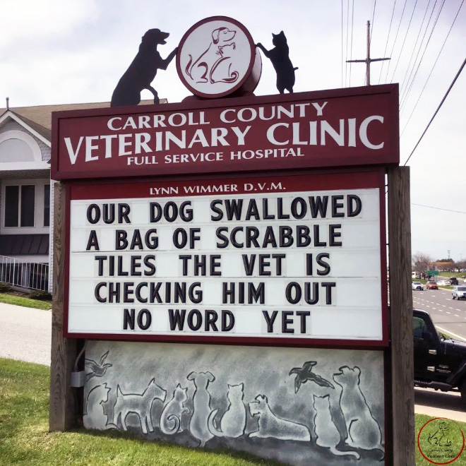 Carroll County Veterinary Clinic has the funniest signs.