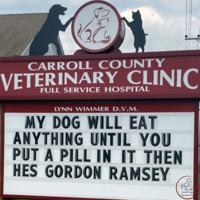 Carroll County Veterinary Clinic has the funniest signs.