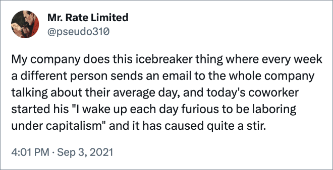 My company does this icebreaker thing where every week a different person sends an email to the whole company talking about their average day, and today's coworker started his "I wake up each day furious to be laboring under capitalism" and it has caused quite a stir.