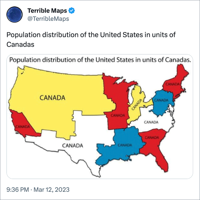Population distribution of the United States in units of Canadas