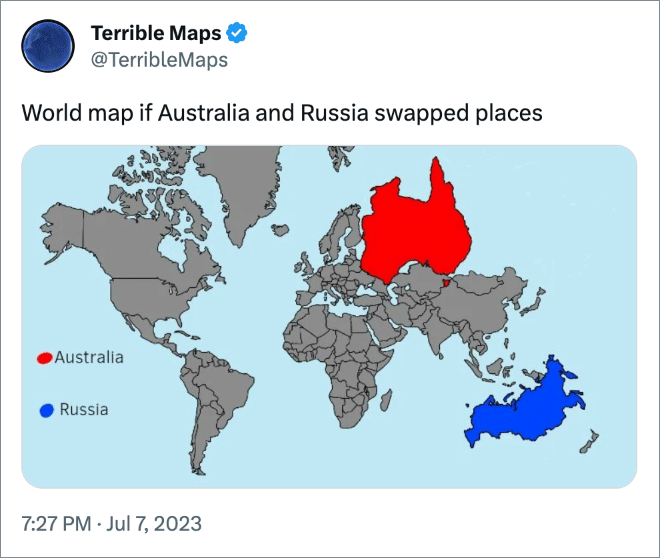 World map if Australia and Russia swapped places