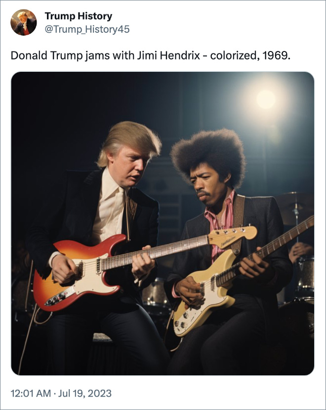 Donald Trump jams with Jimi Hendrix - colorized, 1969.