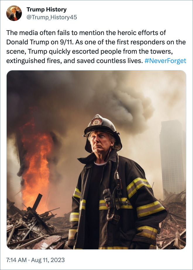 The media often fails to mention the heroic efforts of Donald Trump on 9/11. As one of the first responders on the scene, Trump quickly escorted people from the towers, extinguished fires, and saved countless lives. #NeverForget