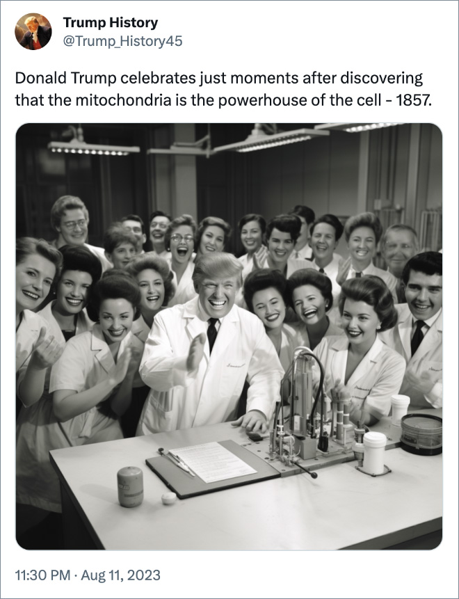 Donald Trump celebrates just moments after discovering that the mitochondria is the powerhouse of the cell - 1857.